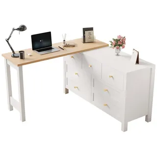 BlingBin Schreibtisch 2-in-1 Drehwerkbank Kommode Sideboard Beistellschrank (Aufbewahrungsschrank mit 7-Schubladen und 360° Drehbare Tischplatte, Eichenoptik, 1-St., Größe des Produkts: 120*40*70cm, Gewichtskapazität: 50KG), L-förmiger Eckschreibtisch für Arbeitszimmer, Spanplatte, Weiß & Natur weiß