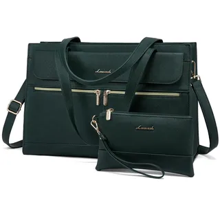LOVEVOOK Laptop Handtasche Damen, 15,6 Zoll Laptoptasche Shopper Tasche Damen 2 in 1 Umhängetasche, PU Leder Aktentasche Schultertasche, Wasserdicht Tote Bag Lehrertasche für Arbeit Büro Schule, Grün