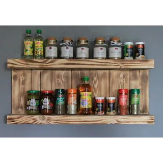 Dekorie Gewürzregal aus Holz - für die Wand oder stehend - Braun (geflammt) - 2 Stellflächen - 29 x 65 x 12 cm - Massivholz