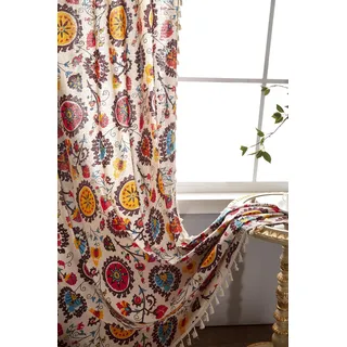 Freyamy Boho Blumen Vorhang 200x150cm 2er Set Scheibengardinen Vintage Bunt Landhausstil Gardinen mit Beige Quasten Lichtdurchlässig Geometrisch Transluzente Vorhänge Blickdicht Kinderzimmer