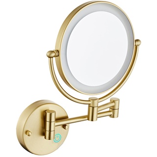 KEYQEEN Touch-dimmbarer LED-Kosmetikspiegel mit Beleuchtung und Vergrößerung, doppelseitiger festverdrahteter, an der Wand montierter, ausziehbarer Kosmetikspiegel für das Badezimmer,Brushed Gold,5X
