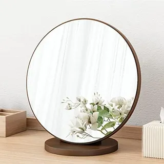 Tisch-Kosmetikspiegel, 90° verstellbar, Make-up-Spiegel aus Holz, tragbarer, Abnehmbarer runder Schminktisch-Tischspiegel, hochauflösender Schreibtischspiegel, Walnuss, 20 cm
