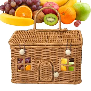 Weidenkorb, Hausform, tragbarer Organizer, handgewebter Spielzeug-Aufbewahrungskorb mit Deckel, für Badezimmer, Speisekammer, Wäsche, Kinderzimmer, Spielzeug, Toilettenartikel, Camping, Hochzeit