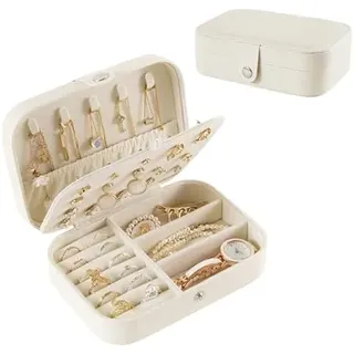Schmuckkästchen, Reise Schmuckkasten Klein, Schmuckaufbewahrung Ohrringe, Schmucketui Doppellagig, Schmuck-Reiseetui, Schmuck Organizer, Geschenkidee für Frauen, Schmuckbox Mädchen (Weiß)