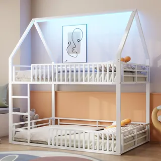 140x200 Haus-etagenbett Mit Zaun Und Led-licht, Weiß