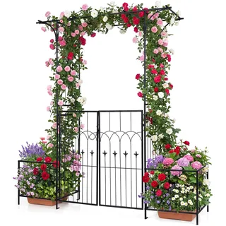 COSTWAY Rosenbogen mit Tür, Gartenbogen Metall, Torbogen mit 2 Pflanzkästen, Rankbogen für Kletterpflanze, Rankhilfe Rankgitter Rosenspalier, für Hochzeit Partys Garten, Schwarz, 200 x 56 x 206 cm