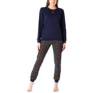 Merry Style Damen Lang Zweiteiliger Schlafanzug aus Baumwolle Pyjama Set Winter MS10-168 (Marineblau (Orange-Kariert), XXL) - XXL
