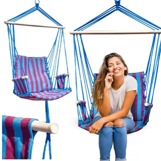 ZOLTA Hängematte 60x100cm - Indoor- und Outdoor- Hängeschaukel mit Armlehnen - Gartenzubehör - Hängender Schaukelstuhl - Häng Hängematte - Hammock für Kinder und Erwachsene - Blau/Rot