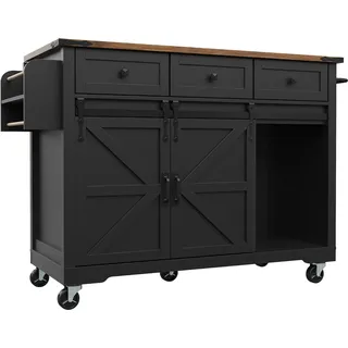 Kücheninsel mit klappbare Tischplatte, Servierwagen auf Rollen mit 2 Schiebetüren und 3 Schubladen, 140x45/73x94 cm, Schwarz