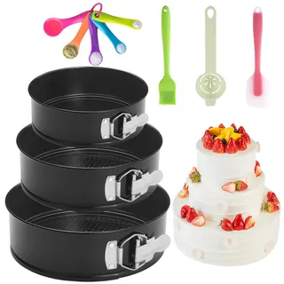3 Stück Springform 12cm/18cm/22cm Runden Backformen, Antihaftbeschichte Auslaufsiche Kuchenform Cake Pan Käsekuchenform mit Silikonspachtel und weiterem Zubehör