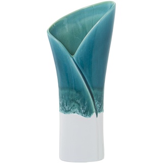 Keramikvase in Petroleumblau und Weiß, glänzend, 15 x 10 x 36 cm, Sockel 10 x 5,5 cm