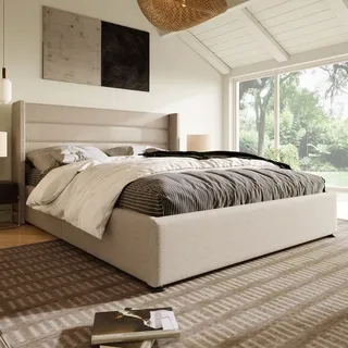 STILVORA Polsterbett 160x200cm Doppelbett mit Lattenrost aus Metallrahmen, Stauraumbett aus Leinen,mit hohem Kopfteil,Beige(ohne Matratze) - Beige