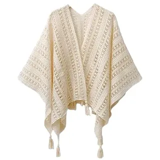 Damen Weiche Schlichte Poncho Capes Retro Cardigans Pullover Frühling Sommer Herbst Gestrickt Dekorativ Umschlagtuch Schal Damen Schal Wickel Poncho Boho Häkel Cardigan Umhang (Beige,Einheitsgröße) - Einheitsgröße