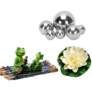 Super Idee Garten Teiche Deko Set Schwimmtier Zwei Frösche mit Silber Kugeln und 2 STK Lotusblüte als Gartendekoration für Miniteich Springbrunnen Teichbecken (Frösche auf Bambusfloß)