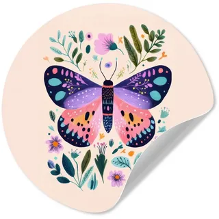 MuchoWow Wandsticker Blumen - Blätter - Schmetterling - Farbenfroh (1 St), Tapetensticker Selbstklebend, Wandbild Wohnzimmer, 80x80 cm 80 cm x 80 cm x 0.1 cm