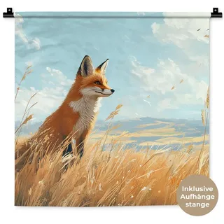 MuchoWow Wandteppich Fuchs - Gras - Wolken - Orange, Quadratisch, Höhe: 3 mm, Wand Teppich, Deko für an den Wand, 60x60 cm Quadratisch | 60 cm x 60 cm x 3 mm