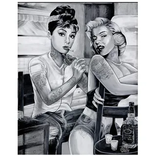 Schwarz Weiß Marilyn Monroe Und Audrey Hepburn Portrait Leinwand-Malerei Wandkunst Tattoo Rauchen Frauen Poster Und Drucke Wohnkultur Bilder Für Schlafzimmer, Wohnzimmer, Rahmenlos,60×80cm