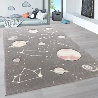 Paco Home Kinder-teppich, Spiel-teppich Für Kinderzimmer Mit Planeten Und Sternen, In Grau, Grösse:120x170 cm