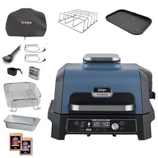 Ninja Woodfire Pro Connect XL elektrischer BBQ-Smoker-Grill, Blau/Schwarz | App-Steuerung, digitaler Temperaturfühler, Rippenrost, Deckel, großer 7-in-1 Outdoor-Grill & Heißluftfritteuse - OG901EUAMZ