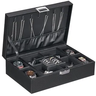 BEWISHOME Schmuckkästchen für Herren, Schmuckkästchen für Männer und Frauen mit 4 Uhrengehäusen, abnehmbares Tablett, Schmuck-Display-Aufbewahrungsbox, Armbandgehäuse, Schwarz SSH07C
