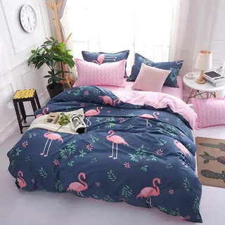 Homewish Flamingo Bettbezug 135x200 | Rosa Flamingo Bettwäsche Süßes Blumen Flamingos Bettwäsche-Set Mädchen Frauen Mikrofaser Wende Bettbezug mit Blau