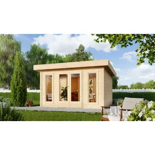 Karibu Saunahaus Nordin Gartensauna 3 Sitzbänke Aus Holz, Sauna Mit 38 Mm Wandstärke, Außensauna Mit Montagematerial Naturbelassen