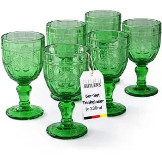 BUTLERS VICTORIAN Weingläser, 6er-Set mit Stiel, 230 ml | Dunkelgrün, Trinkgläser Set, mundgeblasen, mit Stiel & Relief-Prägung, spülmaschinenfest, für Tisch, Garten & Party