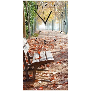 Wallario Wanduhr Einsame Parkbank an einer Allee - Herbststimmung (Glasuhr) 30 cm x 60 cm