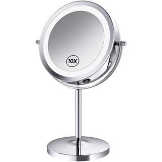 Benbilry LED-beleuchteter Make-up-Spiegel, 17,8 cm, 1x/10-fache Vergrößerung, Touch-Steuerung, doppelseitiger Vergrößerungsspiegel mit Ständer, batteriebetrieben (10-fach dimmbarer Spiegel)