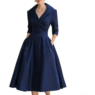 Damen Satin A-Linie Abendkleid Elegant Langarm V-Ausschnitt Hochzeitsgast Cocktail Party Outfit mit Umlegekragen in Aprikose Schwarz Weinrot (XL Dunkelblau)