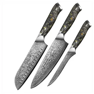 KingLux Messer-Set 3tlg.Damast Küchenmesser Damaszener Stahl Chef Santoku Filetiermesser (3-tlg) schwarz
