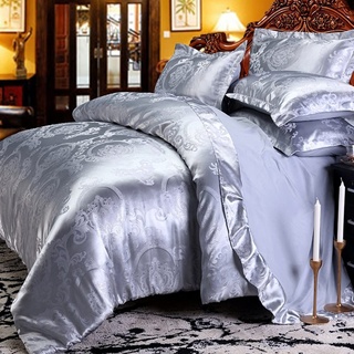 DXHOME Bettwäsche Satin 155x220 cm Silver Grau Hellgrau Wendebettwäsche Jacquard Bettwaesche mit Golden Blumen Romantisch Muster Reissverschluss 3 TLG Microfaser Bettbezug Muster Paare Set Ornamente