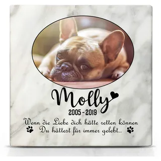 TULLUN Individueller Personalisierter Weißer Natur Marmor Gedenkstein für Hunde, Katze und andere Haustiere - Größe 10 x 10 cm - Ovales Foto