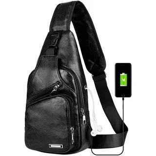 Peicees Leder-Umhängetasche für Herren, Umhängetasche, Brusttasche, Sling-Rucksack für Herren, mit USB-Ladeanschluss