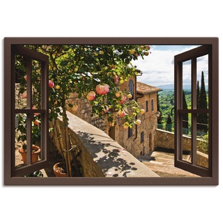 Artland Leinwandbild Wandbild Bild auf Leinwand 70x50 cm Wanddeko Fensterblick Fenster Toskana Landschaft Garten Rosen Balkon Natur T5QB