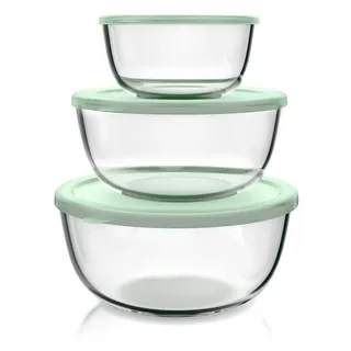 Arendo Salatschüssel 3er Set mit Deckel, Glasschüssel 1,1L / 2,7L / 4,4L, Glas Rührschüssel, Glas, (Set, 3-tlg), Glasschale, BPA-frei, Spülmaschinen- und mikrowellengeeignet grün|weiß