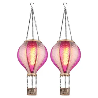 2x LED Solarleuchte, Heißluftballon, pink, Feuer Effekt, H 46,5 cm - Schwarz/Gold/Rosa