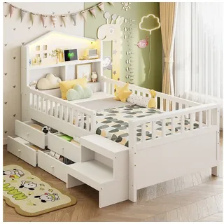 Flieks Kinderbett, Halbhochbett Hausbett 90x200cm mit Schubladen und USB/Typ-C weiß
