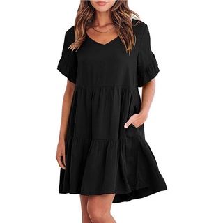 FIDDY A-Linien-Kleid lässiges, dreilagiges Babydoll-Kleid mit V-Ausschnitt und Falten M