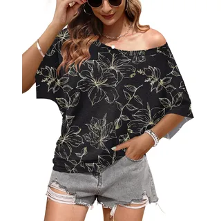 WNEEDU Schulterfreies Oberteil Damen Sommer Fledermaus T Shirt Longshirt | Off shoulder top, lässig basic locker Rundhals shirt - L