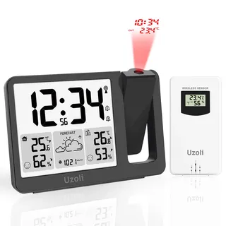 Uzoli EM3539E Projektionsuhr mit Wetterstation, DCF Funkuhr, 180° drehbare Projektion, Temperatur, Feuchtigkeit, Wettervorsage, 2 Wecker, Komfortstufen, Projektionswecker mit 1 drahtloser Außensensor