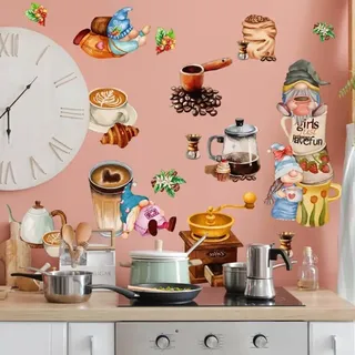 Animationsfilm - Dekorativer Wandaufkleber Für Küche Und Esszimmer - Motiv: Kaffeetassen Und Zwerge (d)