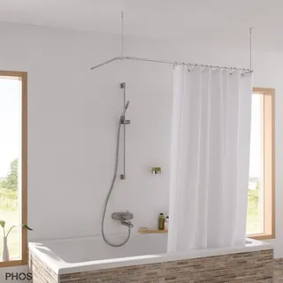 PHOS Design Duschvorhangstange aus Edelstahl: U-Form für Badewannen, verschraubt, Wandmontage mit Deckenabhängungen - 100% Made in Germany 70 cm x 140 cm