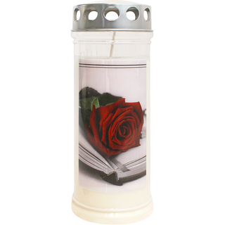 JEKA-Motivkerze "Rose/Buch", 100% Pflanzenöl, 75/215 mm, Brenndauer bis zu 7 Tage, Lieferumfang 3 Stück, Grabkerzen