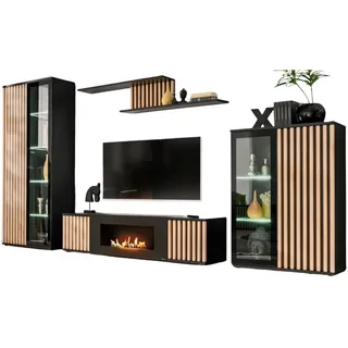 furn.design Wohnwand, schwarz, Eiche Jackson 353 cm, Schrankwand mit Kamin
