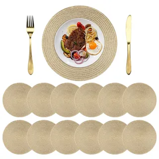 NAKIHOUSE Tischsets Abwaschbar Rund Geflochten Gold Platzsets 12er Set | 38cm Platzsets Abwischbar, Rutschfest, Hitzebeständig Schmutzabweisend Platzdeckchen für Hochzeit, Restaurant, Küche