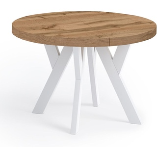 Runder Ausziehbarer Tisch für Esszimmer, PERO, Loft-Stil, Skandinavische, Durchmesser: 100 / 200 cm, Farbe: Eiche Wotan / Weiß