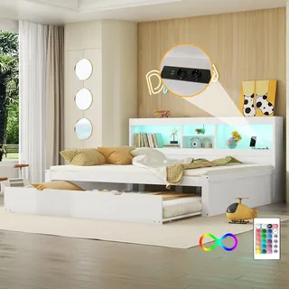 Schlafsofa Daybett 140x200 cm LED Staufach Ausziehbar USB Weiß