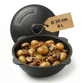 Kazan Gusseisen 8L mit Deckel – Original Uzbekischer Kazan Namangan Dutch Oven Feuertopf für Camping Grill Outdoor Schwenktopf für Plov Wok Ein...