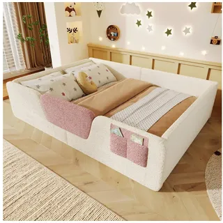 Flieks Polsterbett, Kinderbett 140x190cm mit abnehmbarem Sicherheitstür und Stauraumtasche beige